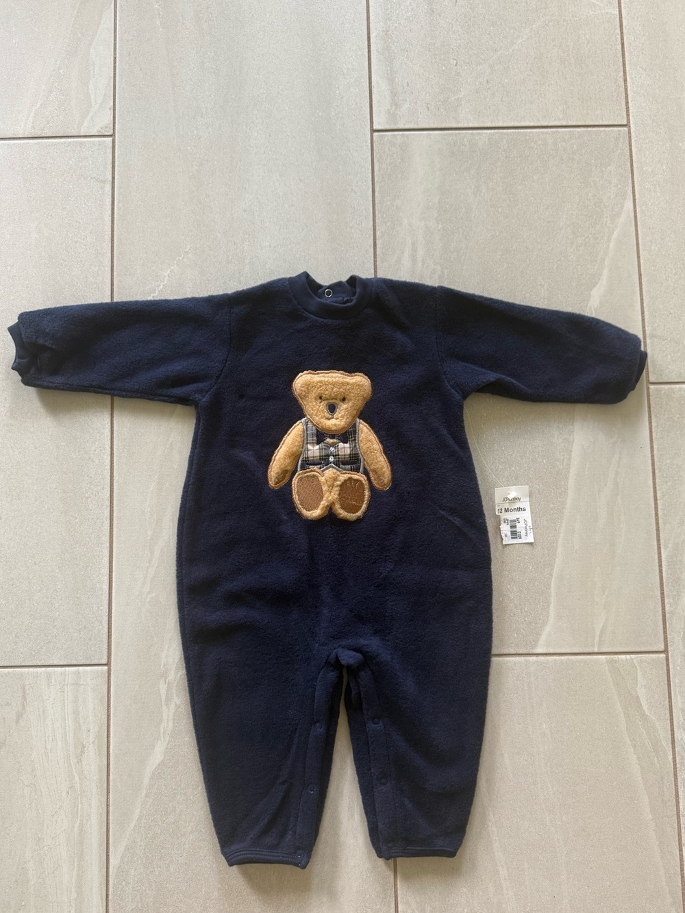 okie dokie Navy Blue Fleece One-Piece with Brown Teddy Appliqué